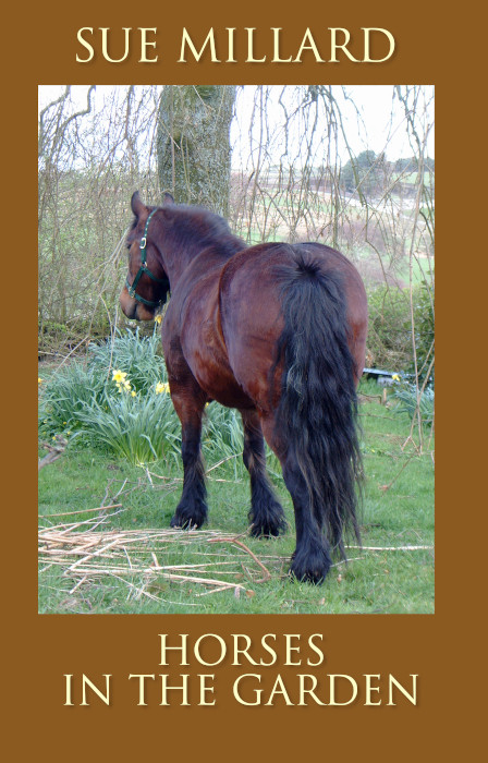 Book cover, brown horse in a garden